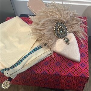 RARE Tory Burch Dusty Pink Mules with Feather and Jewel Detail